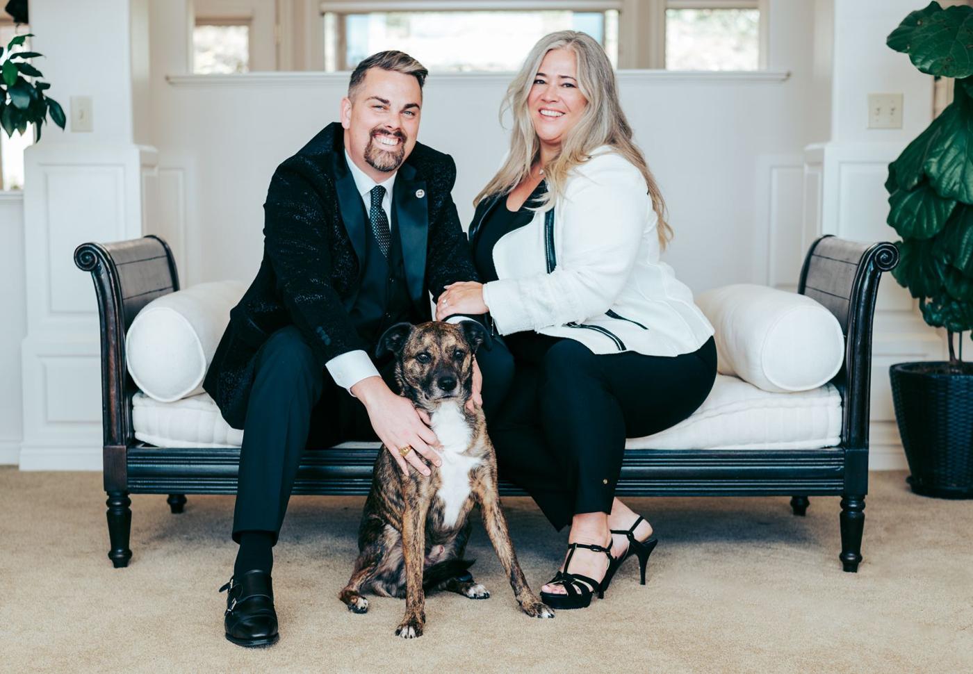 Geoff and Kathryn at home with their dog