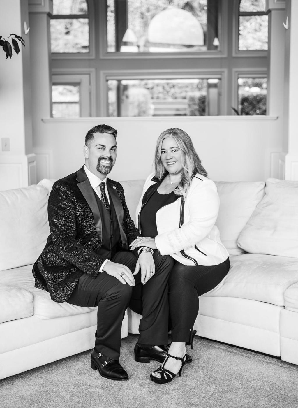 Black and white portrait of Geoff and Kathryn Belleville